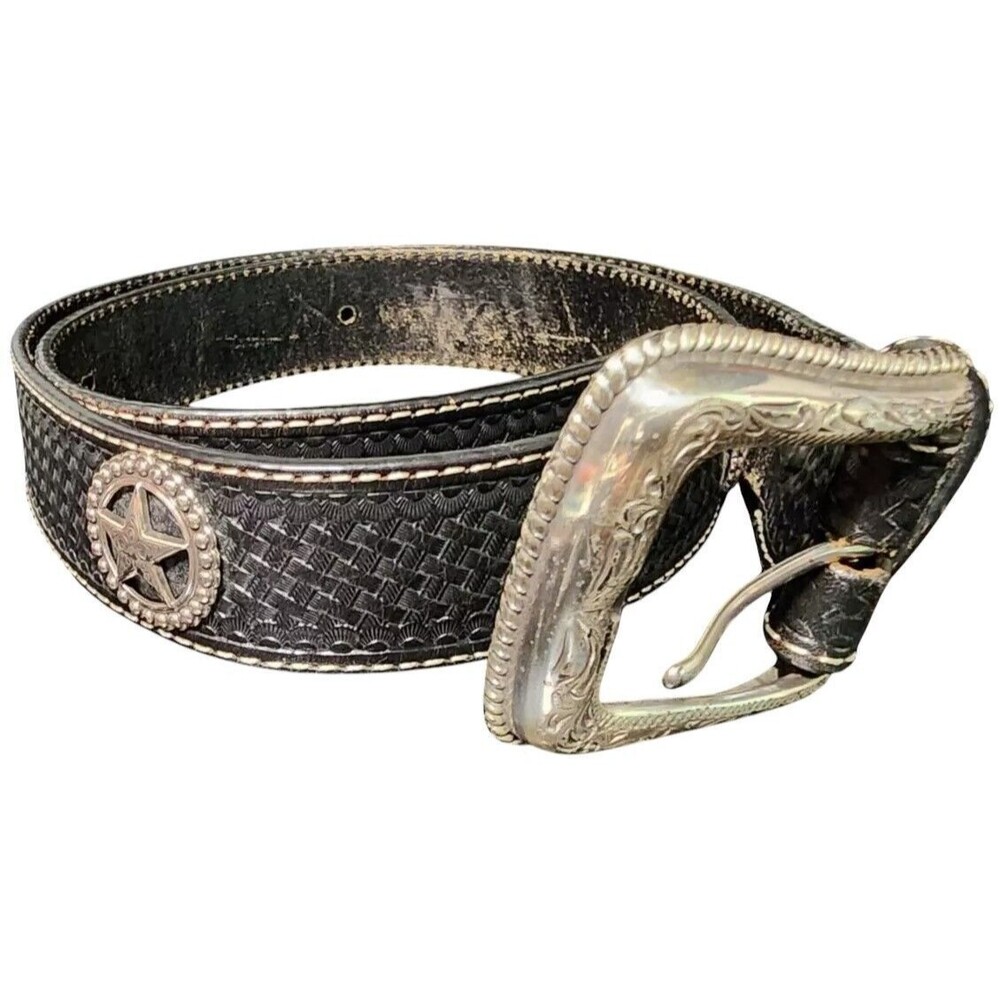 Cavenders Black Leather Belt Silver Stars Size 36